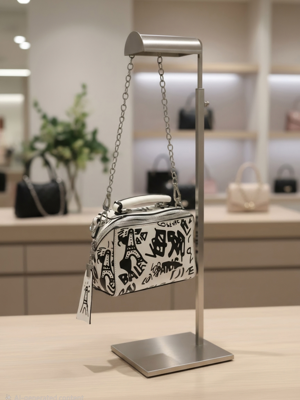 White Graffiti Print Mini Crossbody Bag with Chain Strap